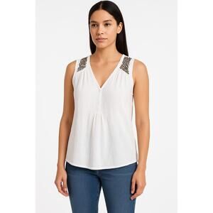 Calvin Klein White Blouse Womens M Sleeveless Tank Top Vneck Pleated Boho Summer